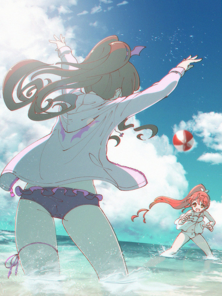 2girls :d arms_up ass ball beachball bikini blue_sky brown_hair cloud day feet_out_of_frame flat_ass from_behind highres hood hooded_jacket jacket jumpsuit kurosu_aroma legs_apart long_hair long_sleeves multiple_girls ocean open_mouth outdoors playing ponytail pretty_series pripara purple_bikini red_hair ruru_ashihara shiratama_mikan sky smile standing swimsuit third-party_source throwing very_long_hair wading water white_bikini white_jumpsuit wing_print yellow_eyes