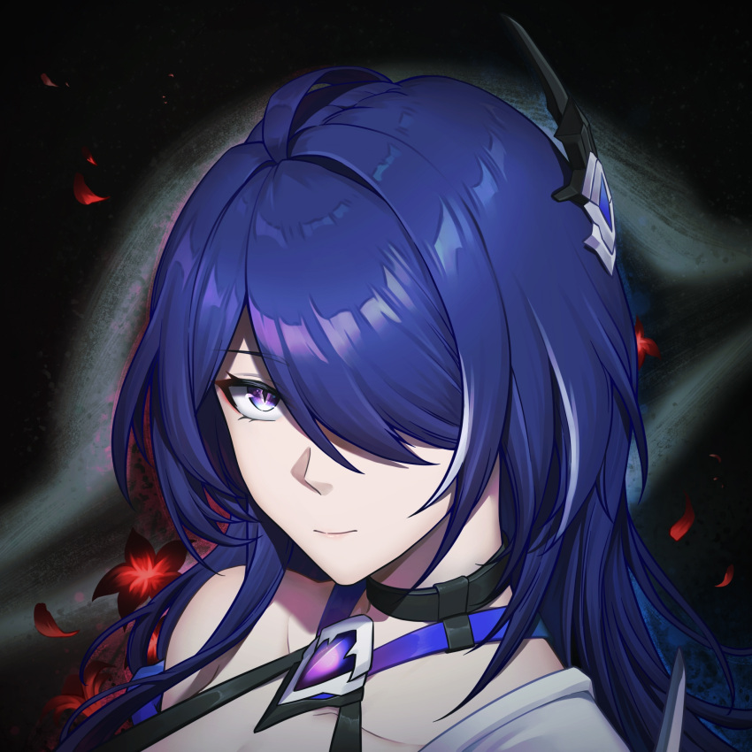 acheron_(honkai:_star_rail) black_background black_choker blue_hair choker closed_mouth commentary er_gou_daoren female hair_over_one_eye halterneck highres honkai:_star_rail honkai_(series) lips long_hair looking_at_viewer nose portrait purple_eyes single_bare_shoulder smile solo tsurime