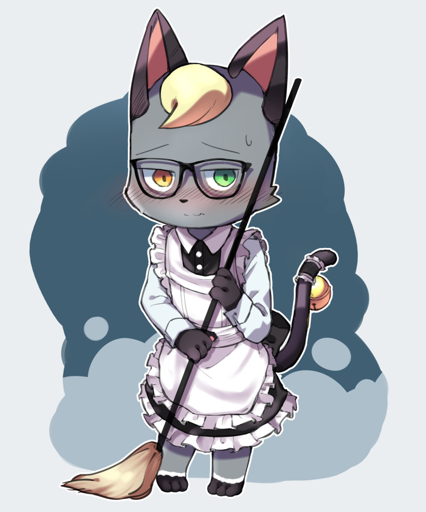 1boy absurdres animal_crossing apron bell blonde_hair blush broom cat_boy closed_mouth crossdressing dress frilled_apron frilled_dress frills full_body furry furry_male green_eyes grey_background heterochromia highres holding holding_broom long_sleeves maid male_focus male_maid orange_eyes raymond_(animal_crossing) short_hair solo standing sweatdrop tail tail_bell tail_ornament white_apron yed_(yedsilent)