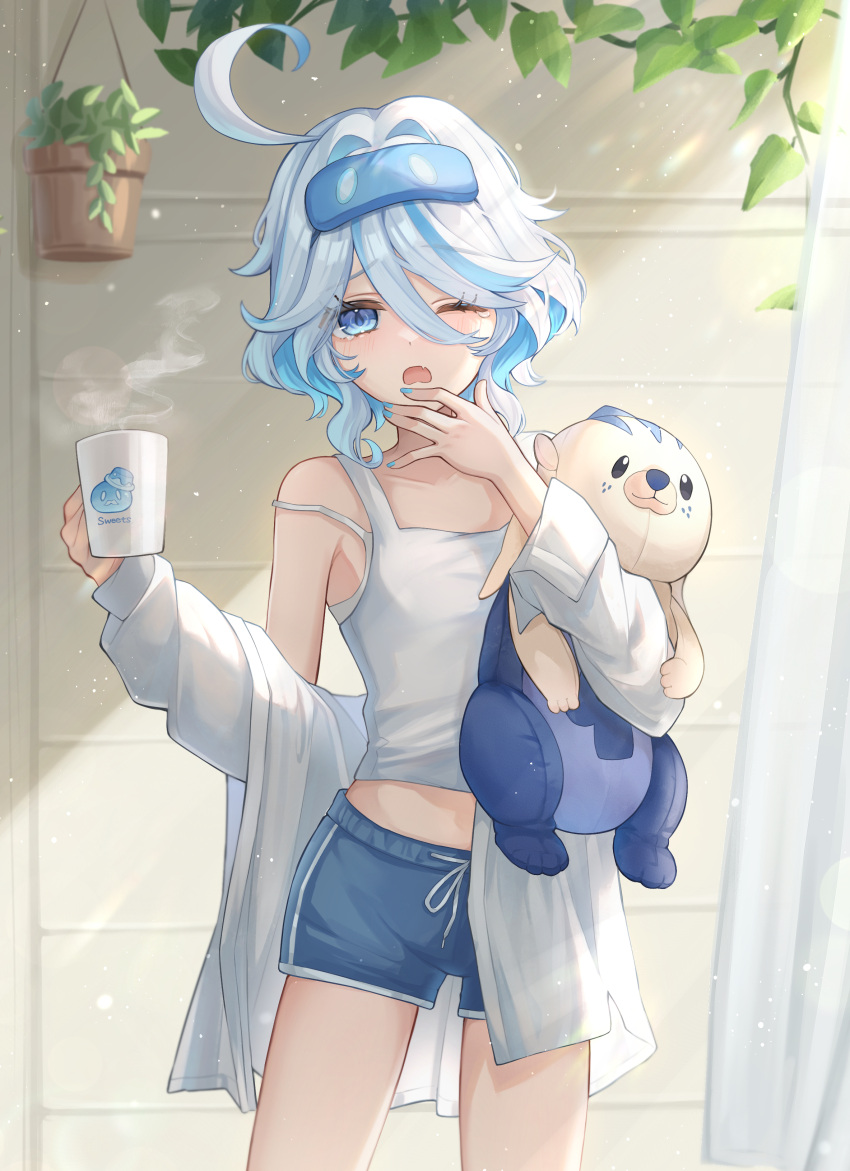 absurdres ahoge bare_shoulders blue_eyes blue_hair blue_nails blue_shorts blush bra coat commentary_request cowboy_shot crop_top cup drop-shaped_pupils female furina_(genshin_impact) genshin_impact hand_to_own_mouth hands_up highres holding holding_cup leisurely_otter_(genshin_impact) long_sleeves looking_at_viewer midriff morning mugita_(mokankan) nail_polish oerba_yun_fang one_eye_closed open_clothes open_coat open_mouth plant potted_plant short_hair shorts sidelighting skin_fang slime_(genshin_impact) solo standing steam strap_slip stuffed_animal stuffed_toy symbol-shaped_pupils tank_top tears thighs underwear white_bra white_coat white_tank_top yawning