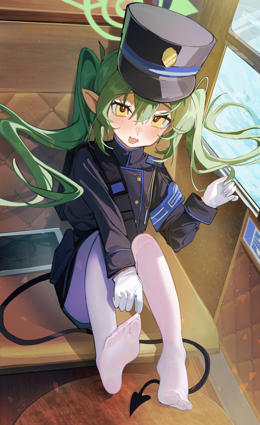 absurdres black_hat black_jacket black_tail blue_archive blush demon_tail doodle_sensei_(blue_archive) female green_hair green_halo hair_between_eyes halo hat highres jacket long_hair long_sleeves nozomi_(blue_archive) oerba_yun_fang open_mouth pantyhose peaked_cap pointy_ears sensei_(blue_archive) sitting skin_fang smile soles solo tablet_pc tail toes twintails white_pantyhose yellow_eyes yuhezi