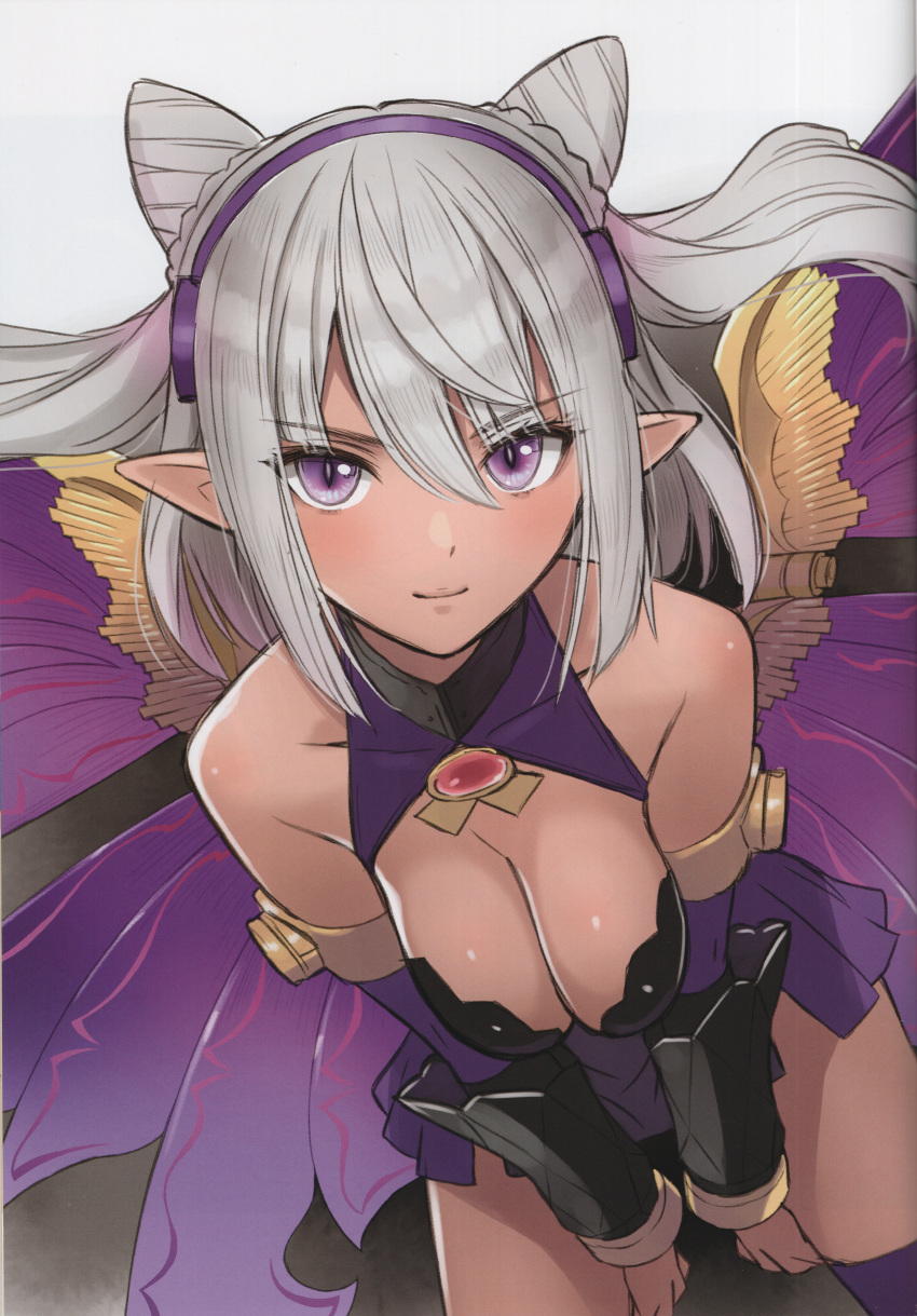 absurdres bare_shoulders breasts cleavage cleavage_cutout closed_mouth clothing_cutout covered_collarbone dark-skinned_female dark_skin double_bun elf female grey_hair guilty_princess hair_bun hairband highres long_hair looking_at_viewer mechanical_wings medium_breasts pointy_ears purple_eyes scan shiny_skin simple_background sleeveless smile solo tony_taka wings