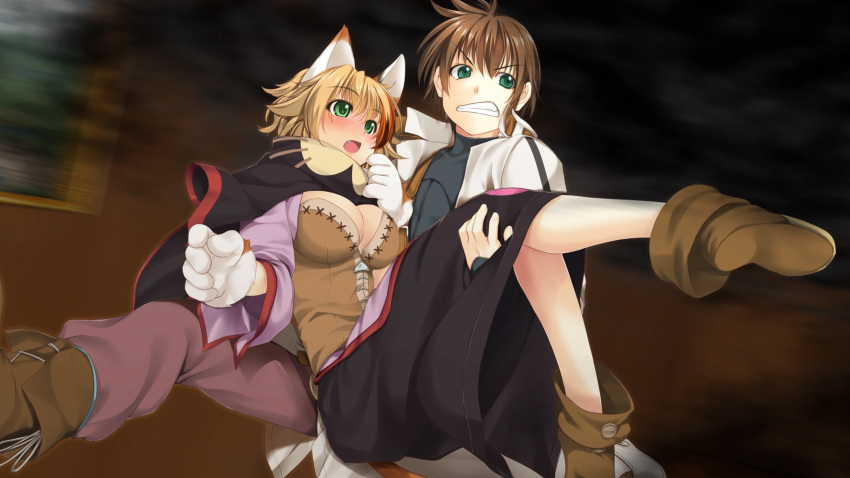 1boy alto_travers animal_ears animal_hands atelier-moo bad_source breasts brown_hair carrying cat_ears cat_girl cat_paws cleavage closed_mouth embarrassed feline_sora female fleeing gloves green_eyes hair_between_eyes highres large_breasts long_sleeves multicolored_hair narrow_waist oerba_yun_fang open_mouth paw_gloves princess_carry shoes short_hair skirt smoke streaked_hair teeth wizards_symphony