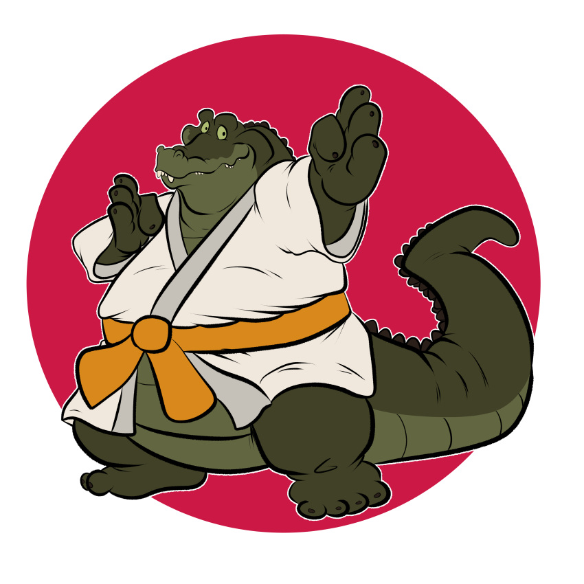 1:1 absurd_res alligator alligatorid anthro asian_clothing belt bottomless clothed clothing crocodilian disney east_asian_clothing green_body green_scales hi_res japanese_clothing japanese_flag karate keikogi louis_(tpatf) male martial_arts_uniform orange_belt overweight r4c00n reptile scales scalie solo sportswear tailbutt the_princess_and_the_frog topwear white_clothing white_topwear