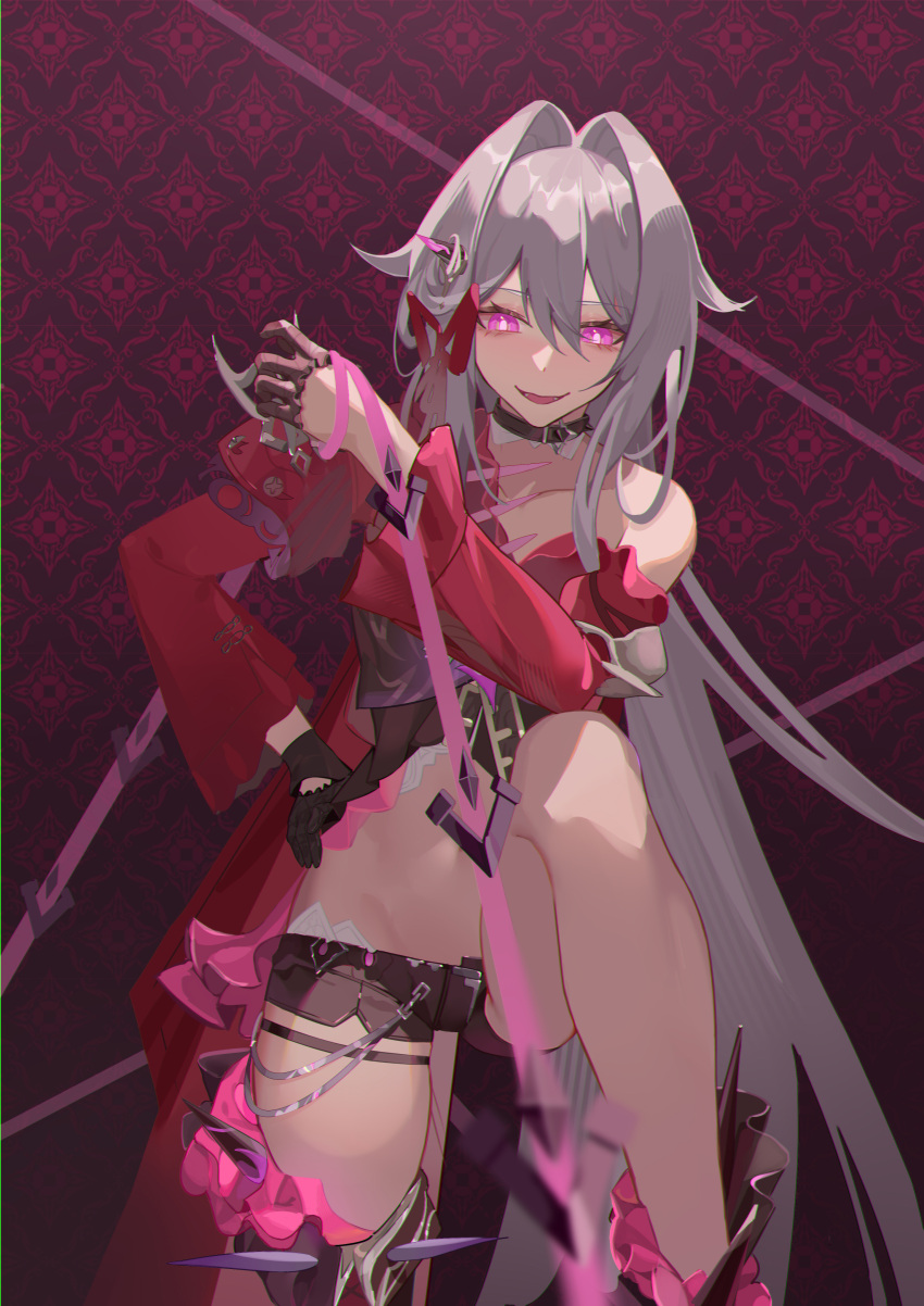 absurdres anklet bare_shoulders belly black_choker black_gloves black_shorts blush bright_pupils choker comet_(user_fjsa4577) evil_smile female gloves hair_ornament hair_ribbon hand_on_own_hip highres holding holding_string honkai_(series) honkai_impact_3rd jacket jewelry knee_up leg_up long_hair long_sleeves looking_down pantyhose purple_eyes red_background red_jacket ribbon ribbon_hair_ornament shorts simple_background single_bare_leg single_glove smile string thelema_(honkai_impact) very_long_hair white_hair white_pupils