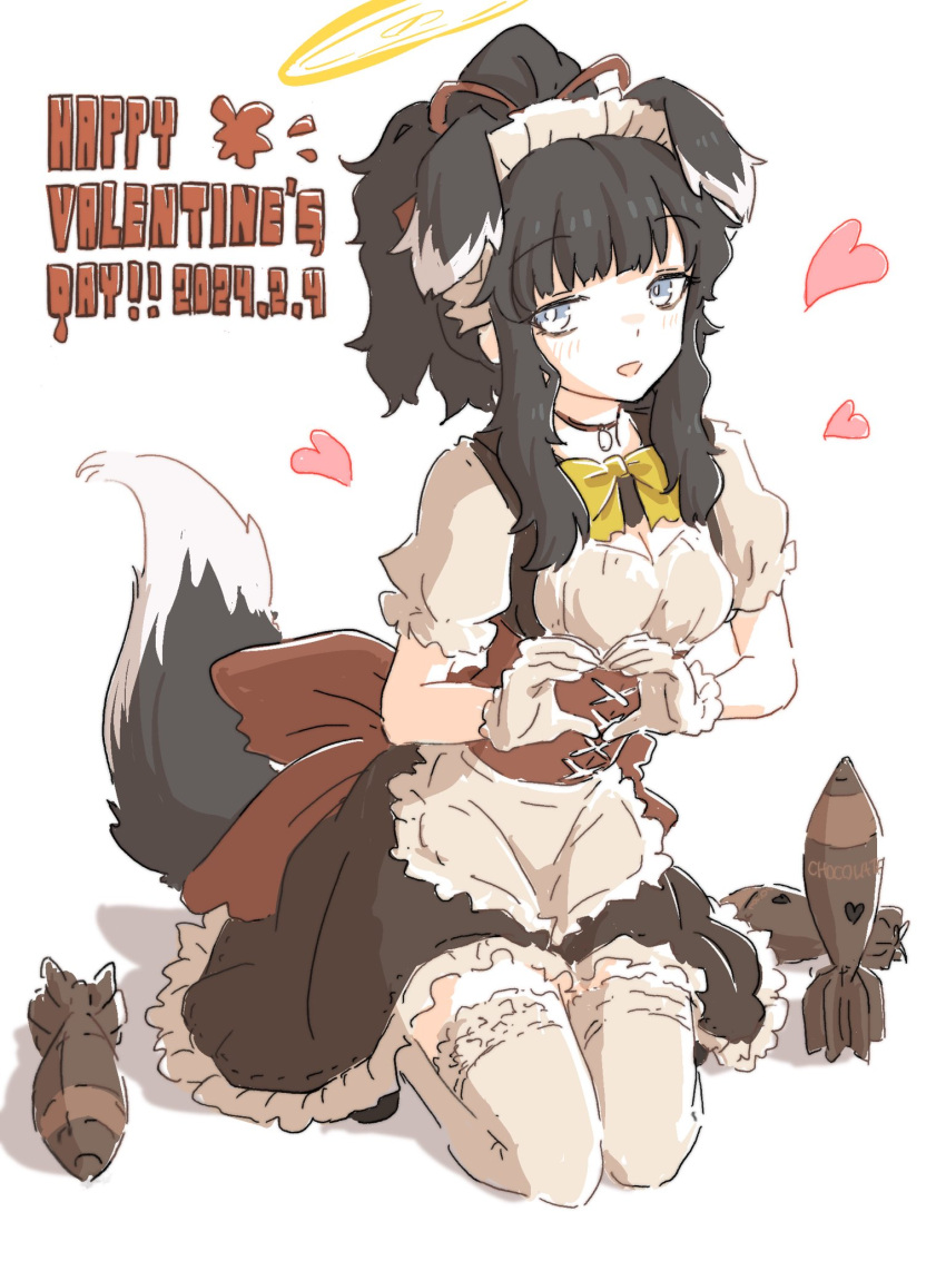 alternate_costume ammunition animal_ears apron black_choker black_hair blue_archive blue_eyes bow breasts bright_pupils choker cleavage dog_ears dog_tail english_text extra_ears female frilled_apron frilled_hairband frilled_skirt frilled_thighhighs frills gloves hairband halo happy_valentine hariyaa heart heart_hands hibiki_(blue_archive) highres kneeling medium_hair mortar_shell short_sleeves sidelocks simple_background skirt solo tail thighhighs underbust waist_apron white_background white_gloves white_thighhighs yellow_bow yellow_halo