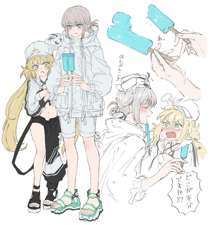 1boy absurdres angry animal_on_head artoria_caster_(fate) artoria_caster_(swimsuit)_(fate) artoria_caster_(swimsuit)_(first_ascension)_(fate) artoria_pendragon_(fate) asymmetrical_pants black_footwear blanca_(fate) blonde_hair blue_eyes blush check_translation coat dot_nose double_popsicle eyelashes failure fate/grand_order fate_(series) female fingernails food green_eyes grey_hair highres holding holding_food holding_popsicle licking_lips long_hair oberon_(fate) on_head popsicle sandals sharing_food sharp_teeth short_hair shorts teeth toenails tongue tongue_out translation_request unequal_popsicle_division upper_teeth_only very_long_hair white_coat white_footwear white_headwear white_shorts yurumawari