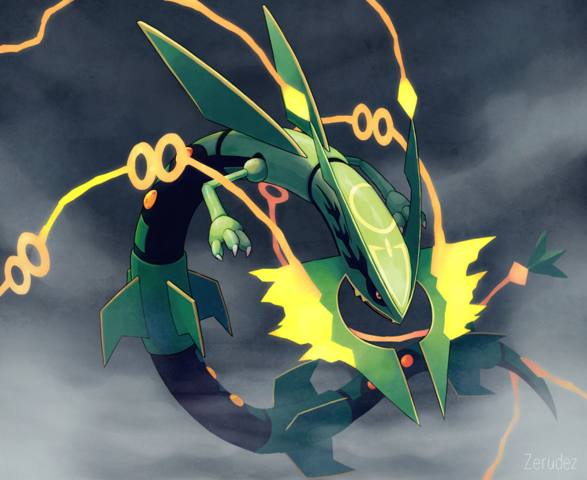 claws commentary creature dark_sky dragon english_commentary full_body gen_3_pokemon legendary_pokemon marc_azria mega_pokemon mega_rayquaza no_humans orange_eyes outdoors pokemon pokemon_(creature) rayquaza solo