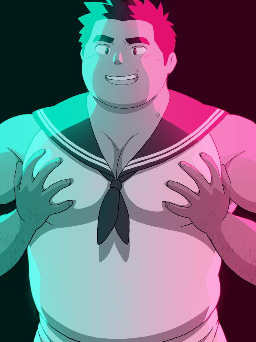 1boy arm_hair bara bare_arms belly blue_sailor_collar grabbing highres large_pectorals male_focus muscular muscular_male norijaga original pectoral_cleavage pectoral_grab pectoral_squeeze pectorals plump sailor_collar sailor_shirt shirt short_hair sideburns smile smirk solo