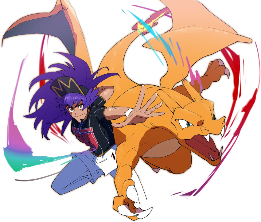 1boy baseball_cap charging_forward charizard claws dynamax_band fighting_stance flame-tipped_tail floating_hair hat highres leggings leon_(pokemon) long_hair male_focus morio_(poke_orio) pokemon pokemon_(creature) pokemon_swsh purple_hair shirt short_sleeves shorts smile teeth tongue white_legwear white_shorts