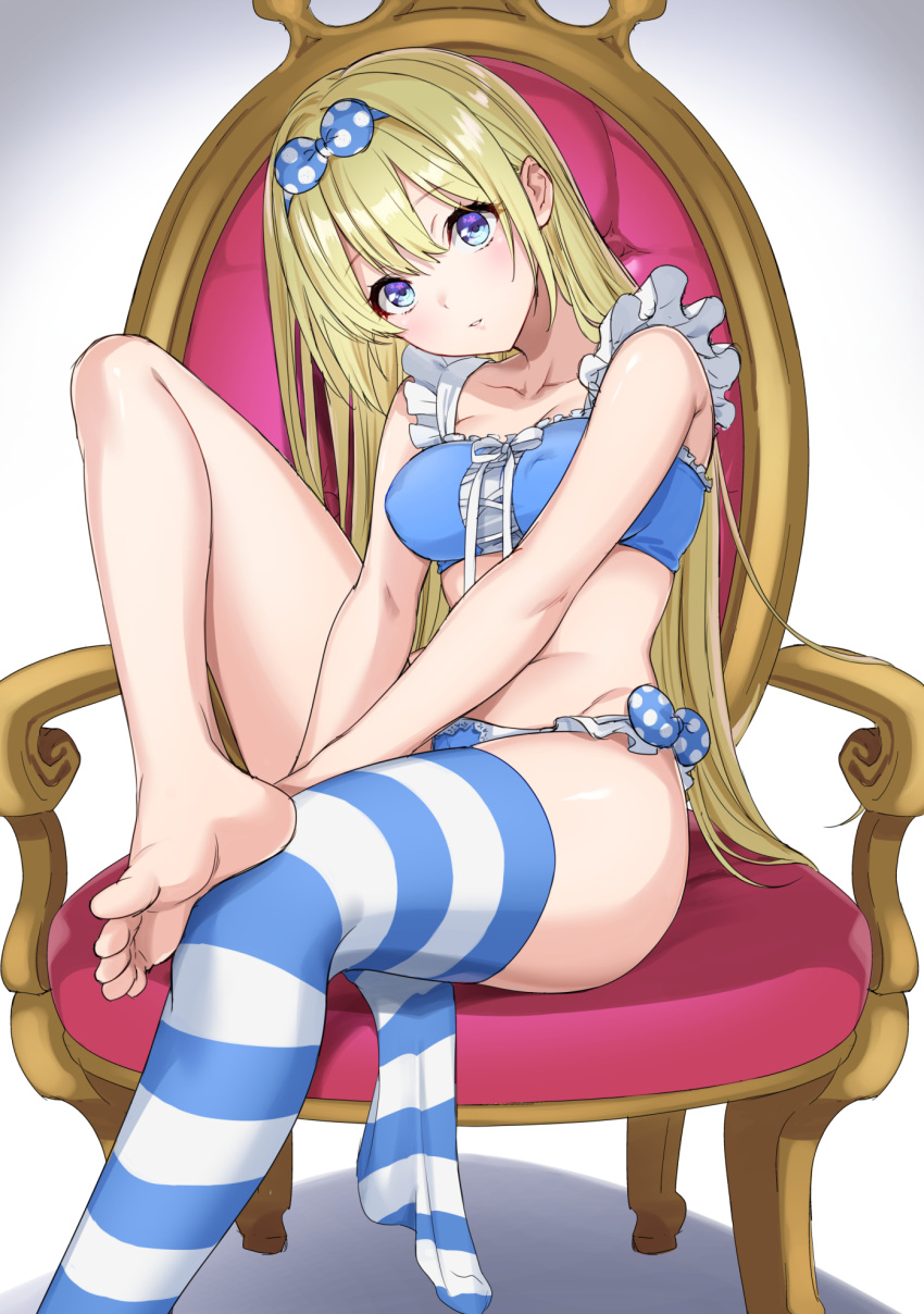 barefoot blonde_hair blue_eyes bow breasts chair covered_nipples feet female foot_out_of_frame hairbow highres legs legwear_removed long_hair looking_at_viewer original polka_dot puffy_nipples single_thighhigh solo striped striped_legwear thighhighs toes umeyuki underwear very_long_hair