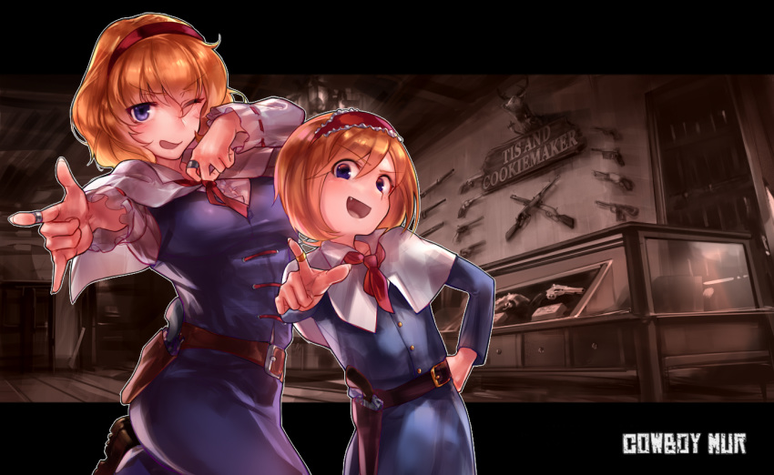 2girls alice_margatroid blonde_hair blouse blue_dress blue_eyes breasts capelet commentary_request cookie_(touhou) cowboy_shot cowboy_western dress eyes_visible_through_hair gun hair_between_eyes hairband handgun holstered jewelry leg_up letterboxed long_sleeves looking_at_viewer medium_breasts megafaiarou_(talonflame_810) multiple_girls necktie oerba_yun_fang one_eye_closed open_mouth pose red_hairband red_necktie revolver rifle ring sakuranbou_(cookie) sepia shirt shop short_hair sleeveless sleeveless_dress standing taisa_(cookie) taxidermy touhou weapon weapon_on_wall weapon_shop white_capelet white_shirt