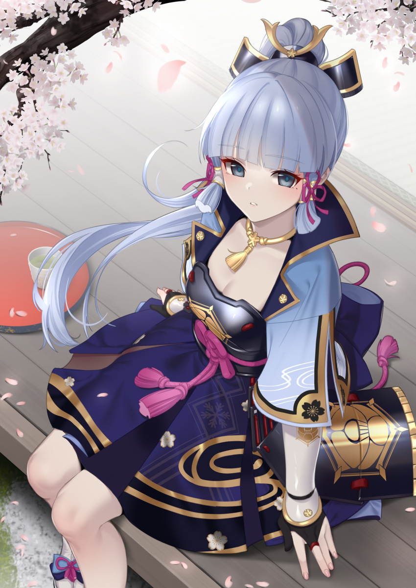 arm_guards armor blue_eyes blue_hair blunt_bangs blush branch breastplate breasts bridal_gauntlets cleavage commentary cup falling_petals female genshin_impact hair_ornament hair_ribbon highres japanese_clothes jewelry kamisato_ayaka kamisato_clan_(emblem) long_hair looking_at_viewer meda medium_breasts mole mole_under_eye necklace open_mouth parted_lips petals pleated_skirt ponytail ribbon sidelocks sitting skirt solo tassel tray