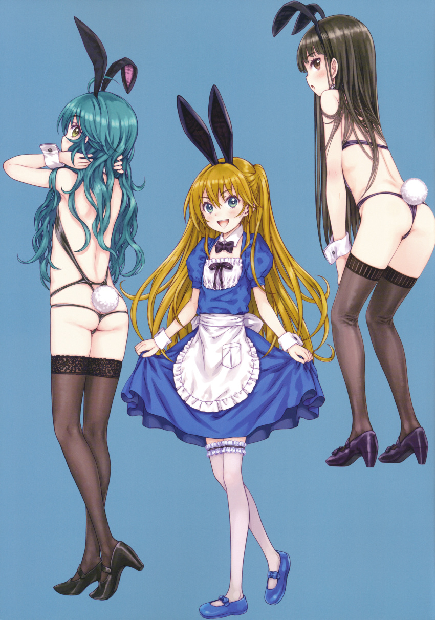 3girls absurdres animal_ears ass black_hair black_legwear blonde_hair breasts brown_eyes focke_wulf full_body green_hair high_heels highres light_brown_hair looking_at_viewer multiple_girls navel open_mouth original rabbit_ears rabbit_tail revealing_clothes scan simple_background small_breasts smile tail thighhighs white_legwear