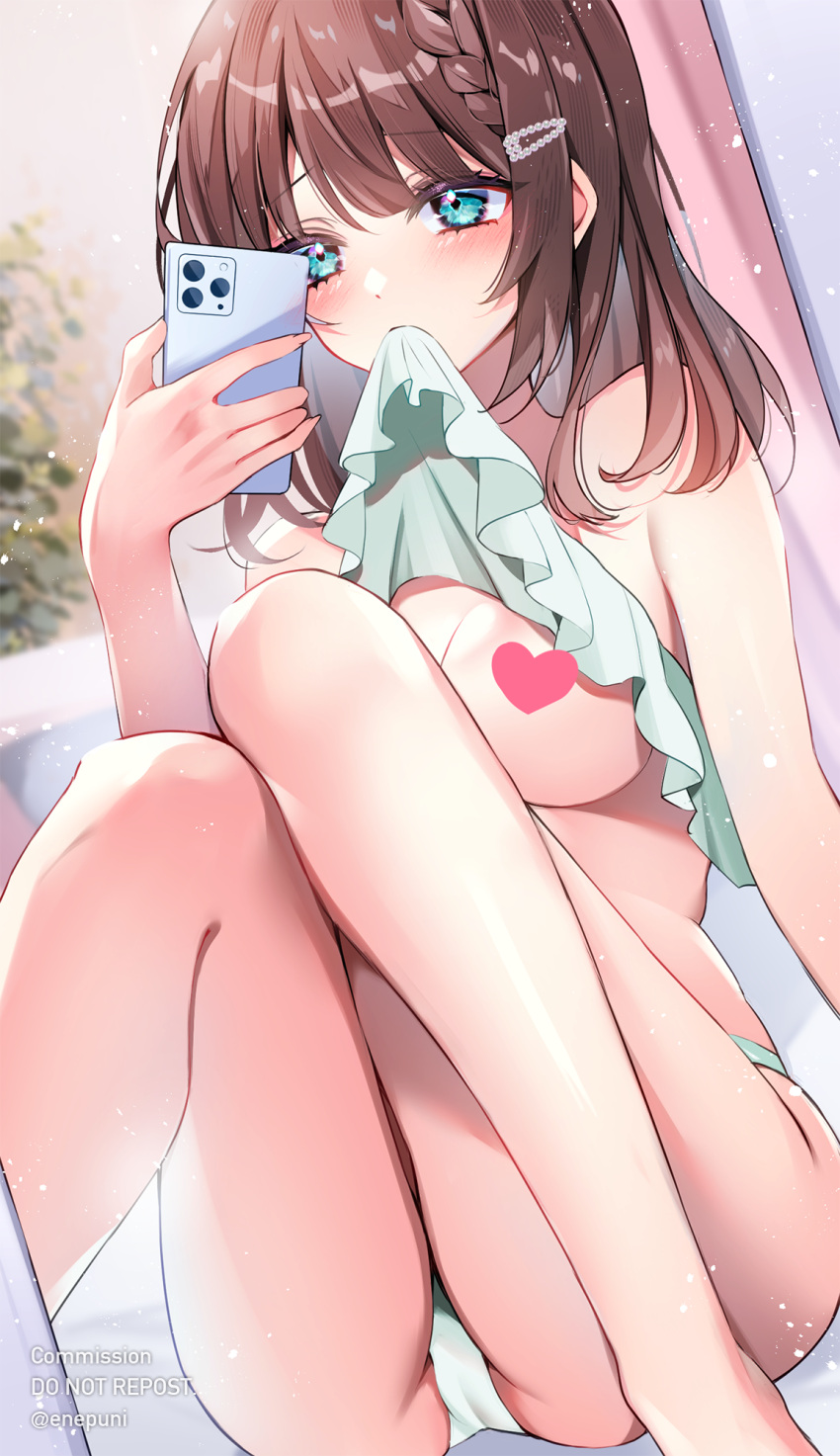 arm_support ass bare_arms blue_eyes blush braid breasts brown_hair cameltoe cellphone censored clothes_in_mouth clothes_lift commentary_request eneru_(enepuni) female hair_ornament hairclip heart heart_censor highres holding holding_phone indoors knees_up lifting_own_clothes long_hair medium_breasts mouth_hold original panties phone reflection selfie shirt_in_mouth shirt_lift sidelocks sitting smartphone solo thighs twitter_username underwear watermark white_panties