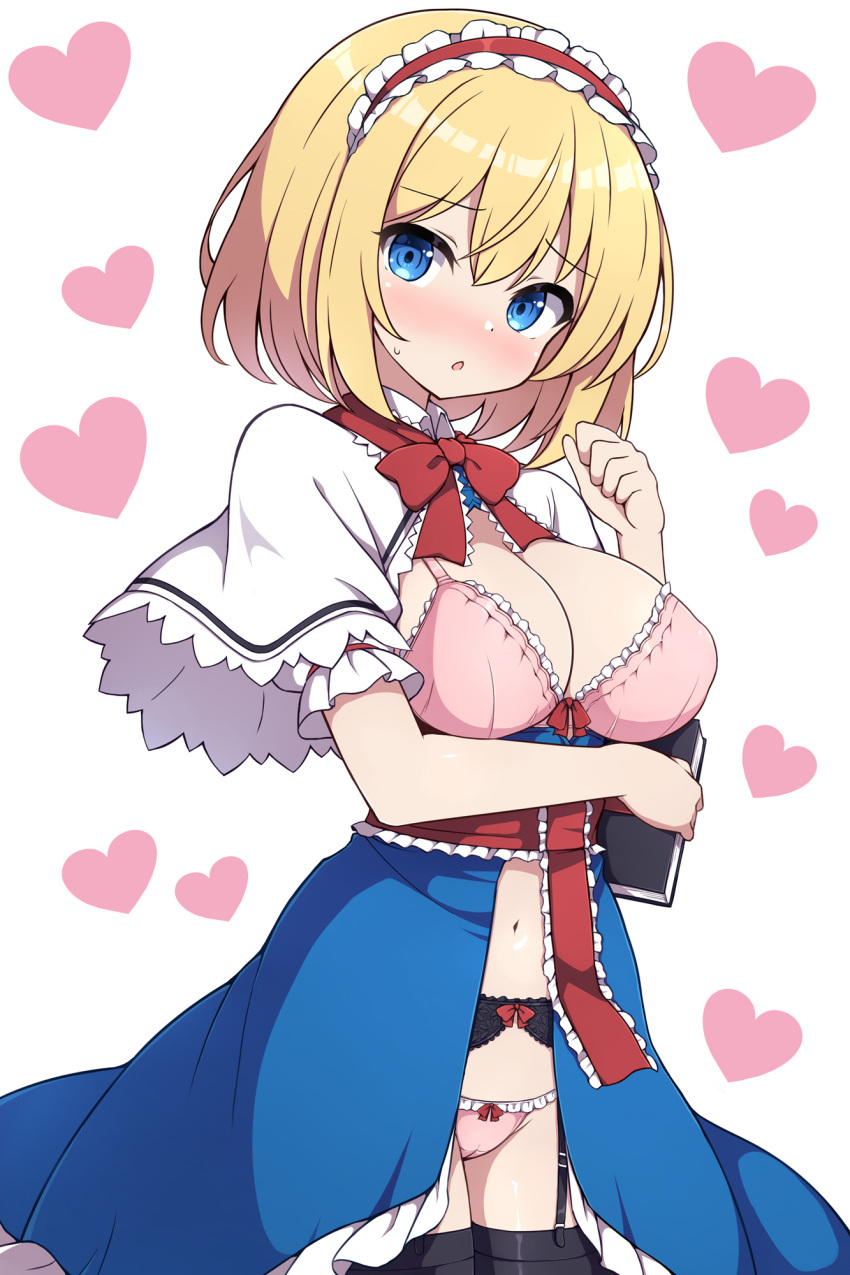 alice_margatroid black_thighhighs blonde_hair blue_dress blue_eyes blush bra breasts cameltoe capelet cleavage cowboy_shot dress female garter_straps hairband heart highres large_breasts lolita_hairband looking_at_viewer navel open_mouth panties pink_bra pink_panties red_hairband rizento short_hair solo thighhighs touhou underwear white_background white_capelet