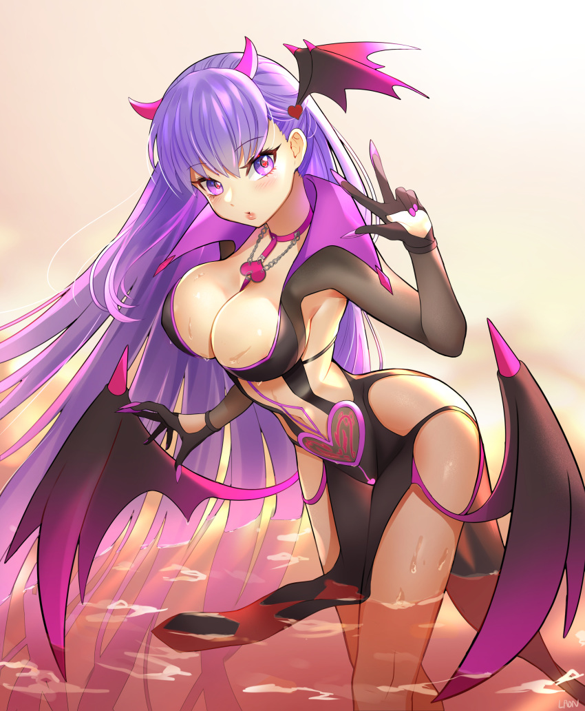 absurdres alternate_costume bb_(fate) bb_(fate/extra) black_gloves blush breasts cleavage commentary demon_girl fate/extra fate/extra_ccc fate_(series) female gloves hair_ornament hair_ribbon heart heart-shaped_pupils highres horns laon large_breasts lips long_fingers long_hair long_sleeves looking_at_viewer parted_lips purple_eyes purple_hair revealing_clothes ribbon simple_background solo symbol-shaped_pupils thighs very_long_hair w wings