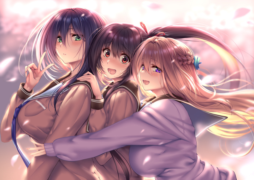 3girls amakano_2 blonde_hair blue_hair blush braid breast_press breasts breasts_on_another's_back brown_hair cherry_blossoms closed_mouth commentary_request embarrassed girl_sandwich green_eyes hair_ribbon himiyama_rei hug hug_from_behind kurohime_yuuhi large_breasts long_hair looking_at_viewer multiple_girls necktie nose_blush open_mouth orange_eyes piromizu ponytail purple_eyes ribbon sandwiched shiny_skin sweat tied_hair tsutamachi_chitose uniform v