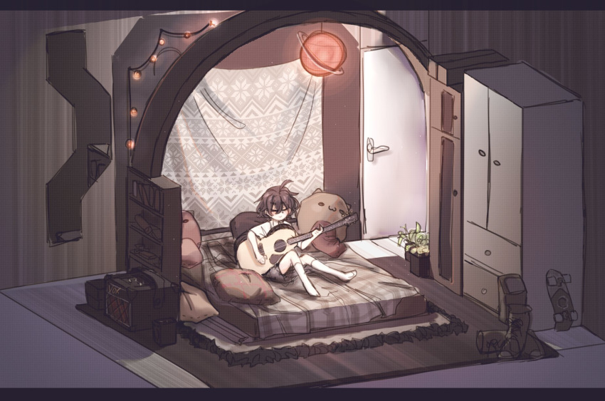 acoustic_guitar ahoge amplifier bed blind_girl_(popopoka) blush brown_hair cabinet closed_eyes closed_mouth commentary english_commentary female fukouna_shoujo_03 guitar highres holding holding_instrument instrument medium_hair meme music on_bed original parody pillow playing_instrument popopoka sitting smile socks solo white_socks