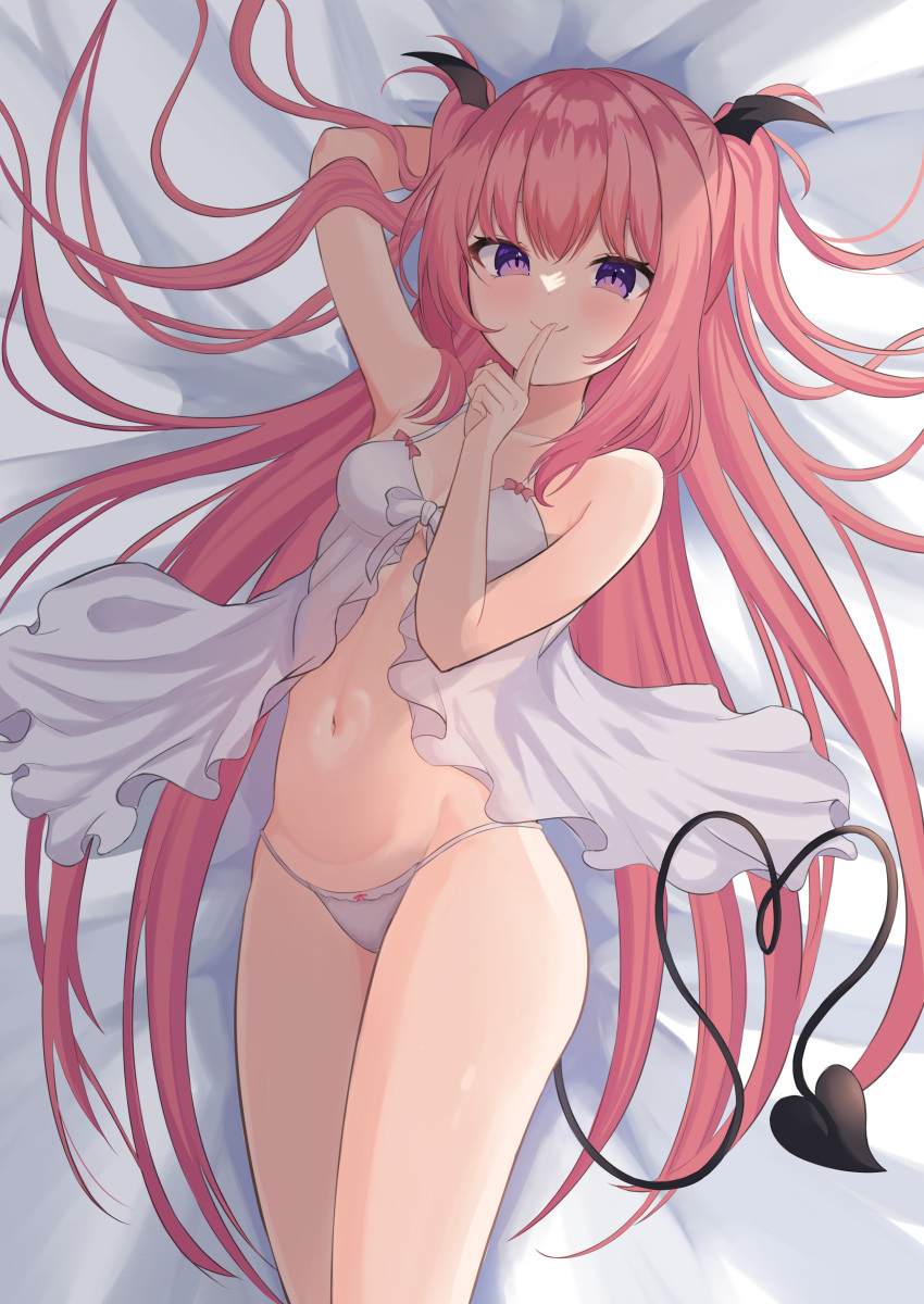 absurdres babydoll bare_arms bare_shoulders breasts demon_girl demon_tail female finger_to_mouth head_wings highres light_smile long_hair looking_at_viewer lying mikeran5648 navel on_back original panties pink_hair purple_eyes sakyumama_(kedama_milk) small_breasts solo tail thighs underwear very_long_hair white_babydoll white_panties wings