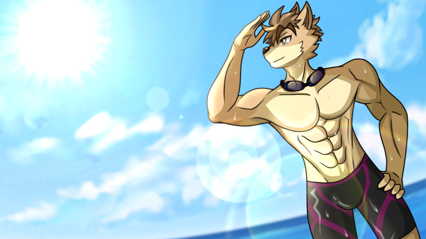 16:9 abs anthro athletic athletic_anthro canid canine canis clothing dragokaizer666 eyewear goggles male mammal muscular muscular_male outside pecs sea seascape sky solo summer swimming_goggles swimming_trunks swimwear water widescreen wolf