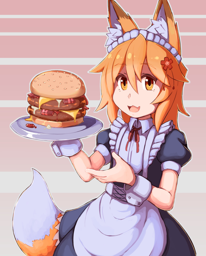 2019 animal_humanoid apron blonde_hair burger canid canid_humanoid canine canine_humanoid clothing cuff_(restraint) female food fox_humanoid hair hi_res humanoid inner_ear_fluff kittenboogers looking_at_viewer maid_uniform mammal mammal_humanoid restraints senko-san sewayaki_kitsune_no_senko-san smile solo tuft uniform wrist_cuffs yellow_eyes