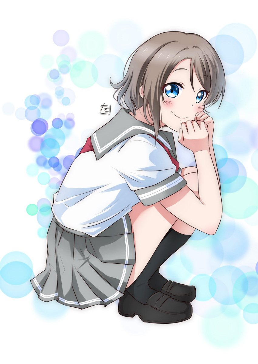 birthday blue_eyes blush commentary female full_body grey_hair grey_sailor_collar grey_skirt highres looking_at_viewer love_live! love_live!_sunshine!! miniskirt neckerchief pleated_skirt red_neckerchief sailor_collar saitou_shuka school_uniform short_hair short_sleeves signature skirt smile solo squatting uranohoshi_school_uniform watanabe_you zero-theme