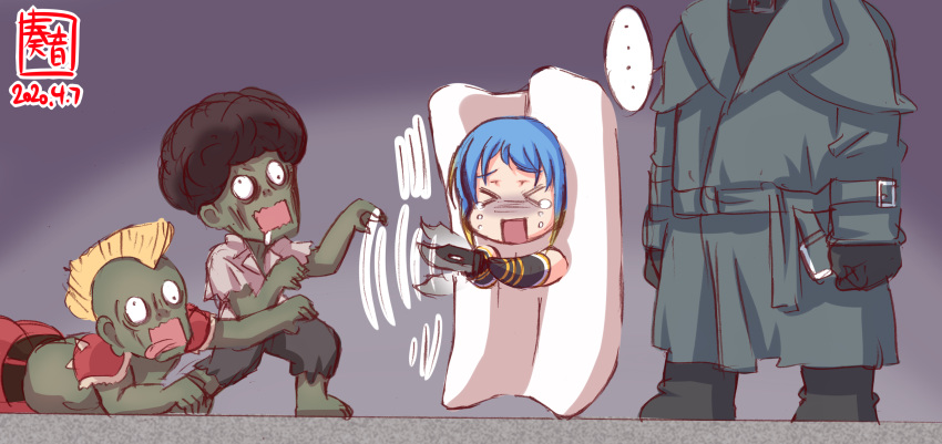 >_< ... afro artist_logo black_gloves black_hair blonde_hair blue_hair coat commentary_request crossover crying dated duster_coat elbow_gloves female food gloves highres holding holding_knife kanon_(kurogane_knights) kantai_collection knife mohawk mr._x_(resident_evil) open_mouth parody resident_evil resident_evil_2 resident_evil_2_(remake) samidare_(kancolle) scared spoken_ellipsis tears tofu tofu_(resident_evil) weapon zombie