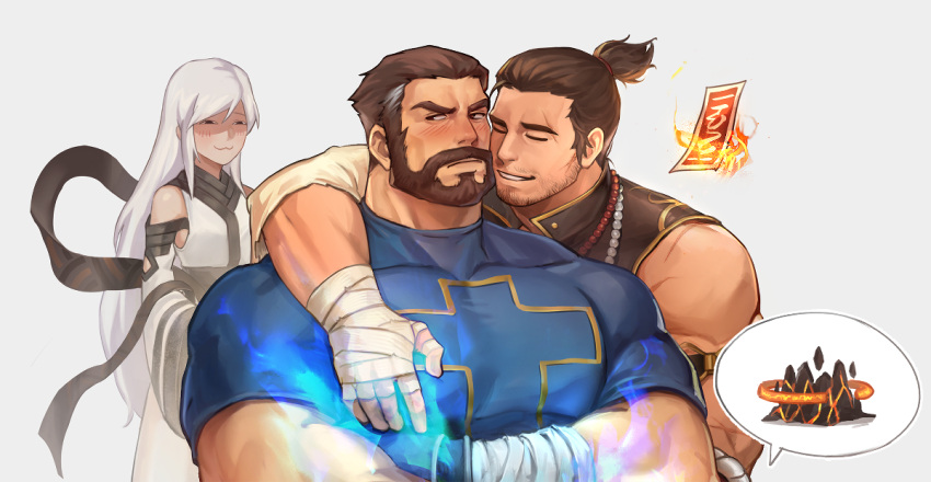 2boys :3 bandages bara beads beard beard_stubble black_tank_top blue_fire blue_shirt blush character_request cheek-to-cheek draconid_(dungeon_and_fighter) dungeon_and_fighter exorcist_(dungeon_and_fighter) facial_hair feeling_facial_hair feeling_muscles female fire fujoshi hand_on_another's_chest heads_together implied_erection justice_(dungeon_and_fighter) male_focus male_priest_(dungeon_and_fighter) mature_male monk_(dungeon_and_fighter) moustache multicolored_hair multiple_boys muscular muscular_male ponytail rosary sdz_(inazuma) shirt sideways_glance smile streaked_hair stubble talisman tank_top tight_clothes tight_shirt white_hair yaoi