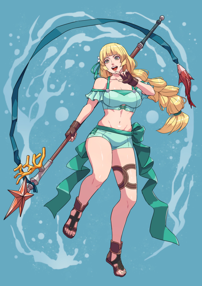 absurdres bikini blonde_hair brown_gloves cirenk commentary commission female fingerless_gloves fire_emblem fire_emblem:_three_houses fire_emblem_heroes full_body gloves green_bikini green_eyes highres holding ingrid_brandl_galatea ingrid_brandl_galatea_(summer) long_hair midriff off-shoulder_bikini off_shoulder open_mouth polearm sandals solo starpoint_lance_(fire_emblem) swimsuit weapon