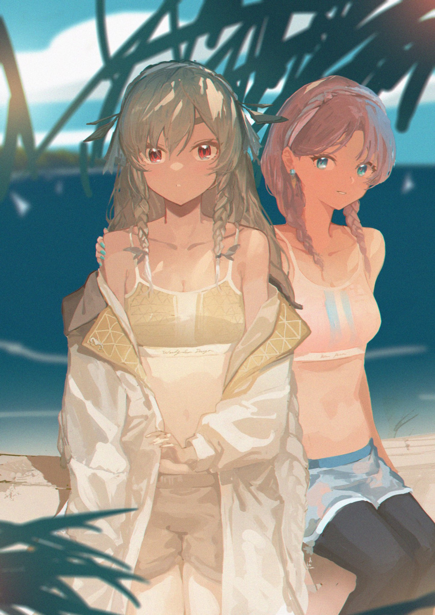 2girls alternate_costume alternate_hairstyle arknights bare_shoulders black_legwear blue_eyes blue_nails blue_poison_(arknights) blue_poison_(arknights)_(cosplay) blue_poison_(shoal_beat)_(arknights) blue_shorts blue_sky braid breasts brown_hair brown_shorts cleavage coat collarbone cosplay day earrings eyebrows_hidden_by_hair hairband hand_on_another's_shoulder highres jewelry long_hair looking_at_viewer medium_breasts multiple_girls nail_polish ocean official_alternate_costume open_clothes open_coat outdoors pantyhose_under_shorts parted_lips pink_hair pink_hairband protected_link red_eyes rouzato shorts sitting sky smile sports_bra standing stomach sunlight twin_braids water weedy_(arknights) white_coat