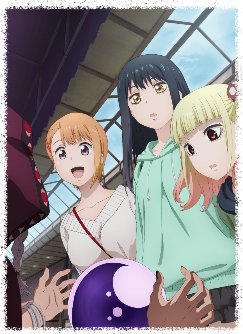 4girls absurdres blonde_hair casual crystal_ball fingernails hair_ornament hairclip highres hood hoodie long_hair mieruko-chan miniskirt multiple_girls niguredou_julia official_art old old_woman open_mouth orange_hair promotional_art purple_eyes red_eyes shopping_district short_hair skirt yellow_eyes yotsuya_miko yurikawa_hana