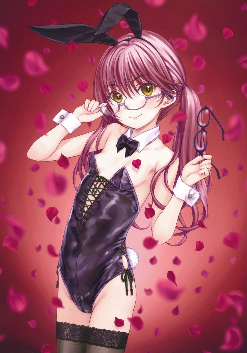 absurdres animal_ears areola_slip black_leotard black_thighhighs breasts brown_eyes detached_sleeves female focke_wulf glasses highres leotard looking_at_viewer original petals pink_hair playboy_bunny rabbit_ears rabbit_tail scan small_breasts solo tail thighhighs wrist_cuffs