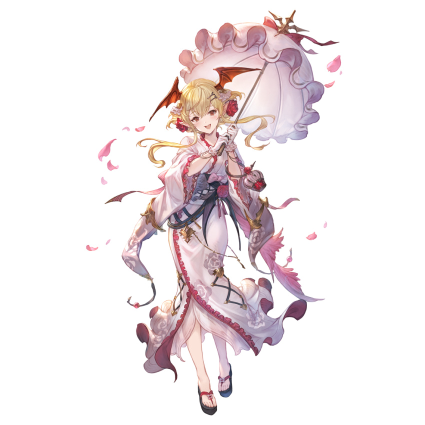 bat_wings blonde_hair blush female flower full_body gloves granblue_fantasy hair_between_eyes hair_ornament hairclip head_wings japanese_clothes kimono long_hair looking_at_viewer minaba_hideo obi oerba_yun_fang official_art open_mouth petals pointy_ears red_eyes red_flower red_rose rose sash smile solo transparent_background vampire vampy vampy_(yukata)_(granblue_fantasy) white_gloves white_kimono wings yukata