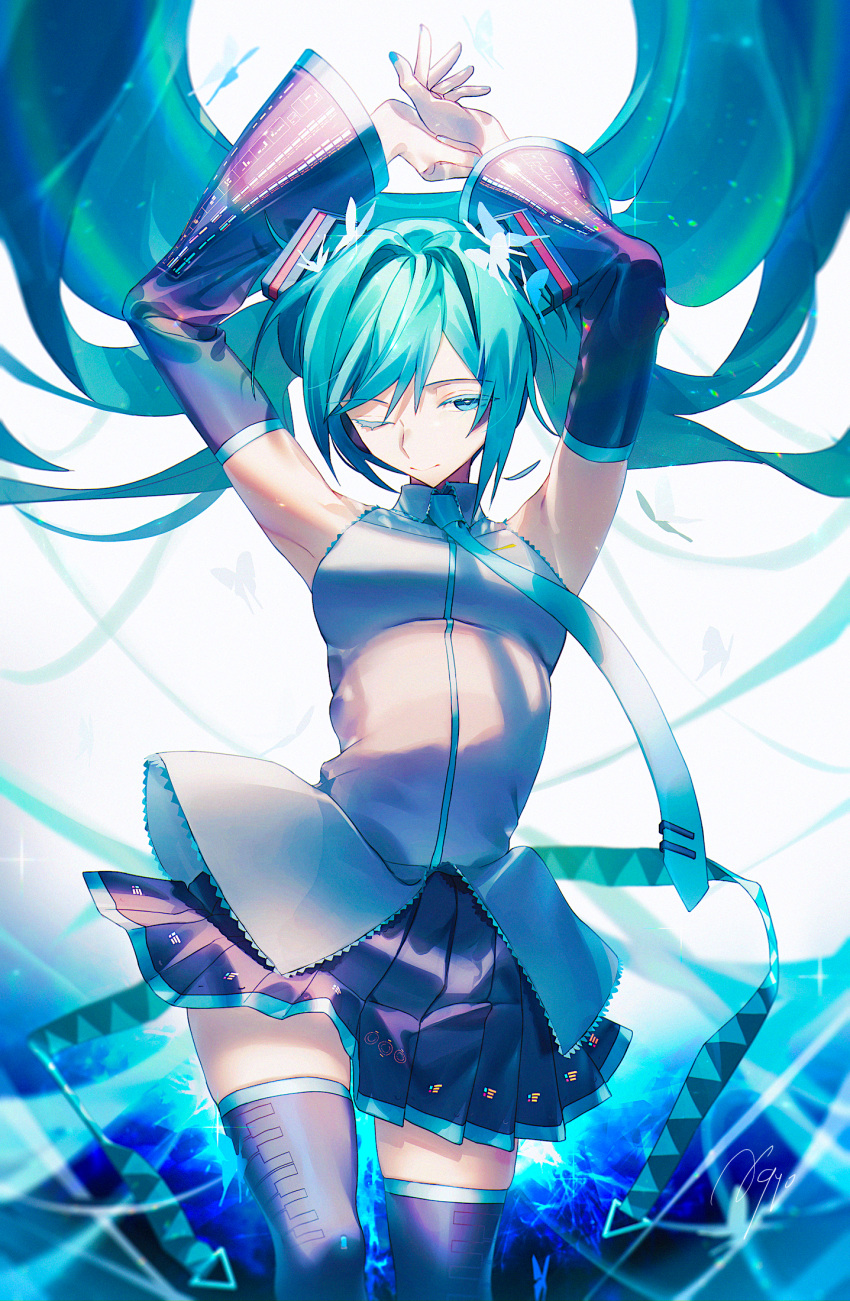 agyou_sonokou_l aqua_butterfly aqua_hair aqua_nails aqua_necktie armpits arms_up backlighting bare_shoulders belt black_legwear black_skirt black_sleeves blue_butterfly blue_eyes blue_theme breasts bug butterfly closed_mouth clothes_lift collared_shirt colored_eyelashes contrapposto cowboy_shot detached_sleeves diffraction_spikes eyebrows_visible_through_hair facing_viewer female fingernails glint green_butterfly grey_shirt hatsune_miku highres light_particles light_smile long_hair loose_belt medium_breasts narrow_waist necktie own_hands_together pleated_skirt shirt signature simple_background skindentation skirt skirt_lift sleeveless solo thighhighs thighs tie_clip tight tight_shirt tsurime twintails very_long_hair vocaloid white_background white_butterfly wide_sleeves zettai_ryouiki