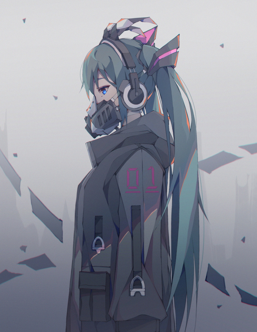 absurdres black_jacket blue_eyes blue_hair clothing_request commentary_request covered_mouth eyebrows_hidden_by_hair facing_to_the_side female from_behind from_side grey_background hair_ornament hatsune_miku headphones highres hood hood_down jacket long_hair long_sleeves looking_down mask pocket profile qizhongji respirator sidelocks solo standing twintails upper_body very_long_hair vocaloid