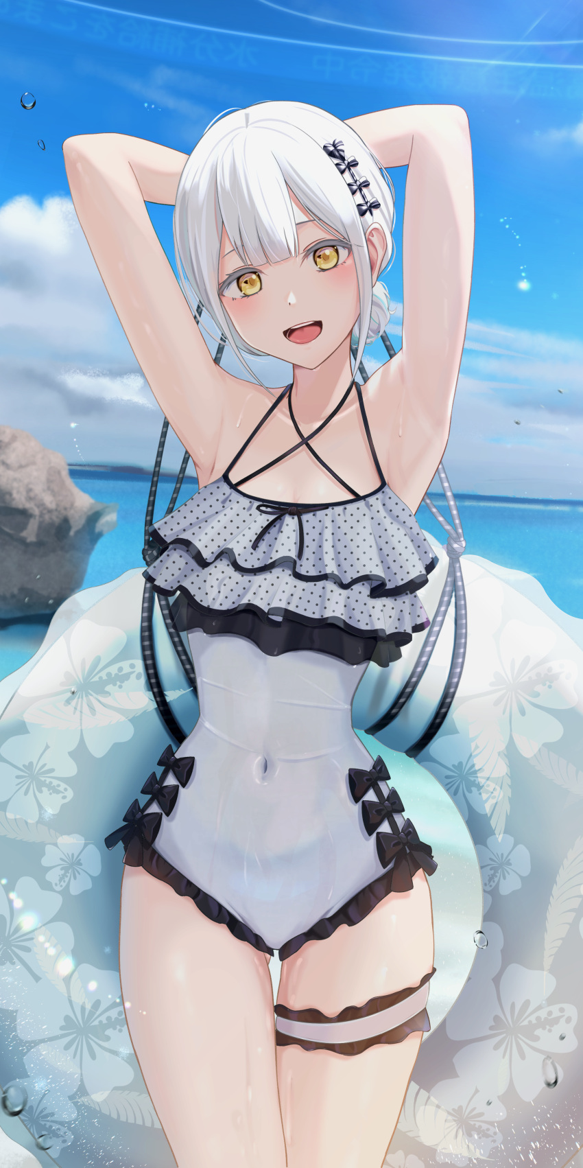 :d absurdres armpits arms_behind_head arms_up bad_id bad_pixiv_id black_bow blue_sky bow casual_one-piece_swimsuit collarbone commentary covered_navel cowboy_shot day female grey_one-piece_swimsuit hair_bun highres inaka_44 innertube layered_swimsuit looking_at_viewer ocean one-piece_swimsuit open_mouth original outdoors polka_dot short_hair single_hair_bun sky smile solo swim_ring swimsuit symbol-only_commentary thigh_gap thigh_strap water white_hair yellow_eyes