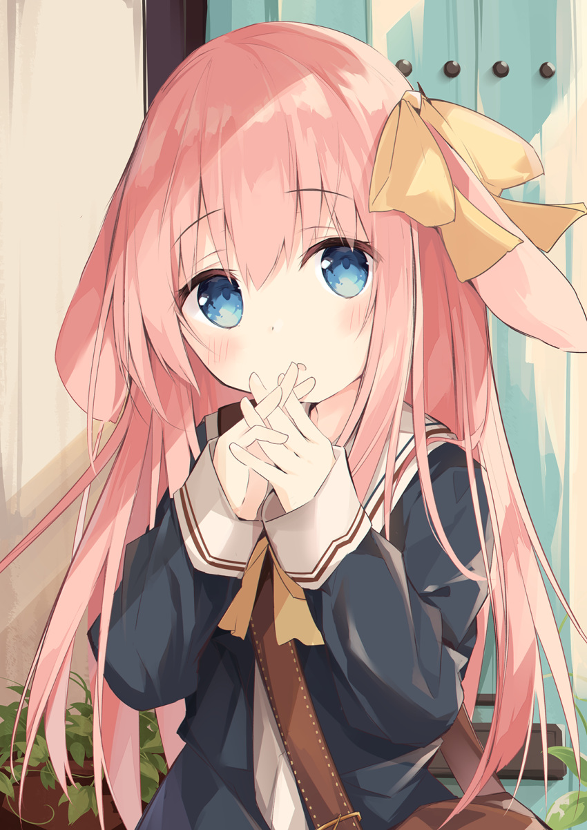 :o animal_ears bag black_jacket blue_eyes blush bow bunny_ears_girl_(kushida_you) commentary_request door female hairbow hands_up highres interlocked_fingers jacket kushida_you long_hair long_sleeves looking_at_viewer open_clothes open_jacket original parted_lips pink_hair rabbit_ears sailor_collar shirt shoulder_bag sleeves_past_wrists solo upper_body very_long_hair white_sailor_collar white_shirt yellow_bow