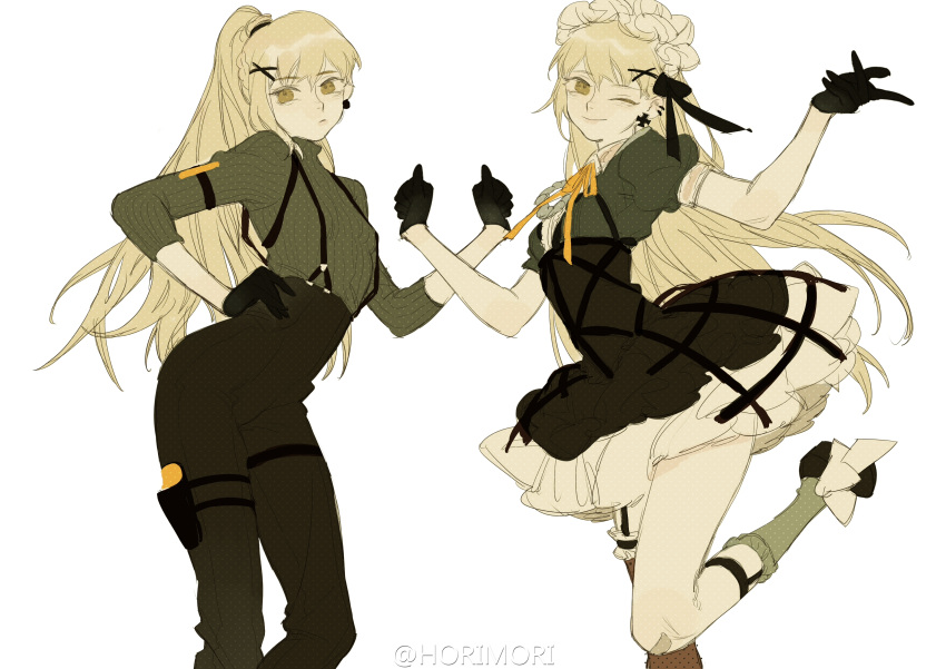 2girls absurdres alternate_costume alternate_hairstyle asymmetrical_legwear black_gloves blonde_hair breasts brown_eyes dress dual_persona frilled_hairband frills garter_straps girls'_frontline gloves hairband high-waist_pants high_ponytail highres holster horikwawataru leg_up mismatched_legwear multiple_girls one_eye_closed pants ppk_(girls'_frontline) puffy_short_sleeves puffy_sleeves short_dress short_sleeves small_breasts suspenders sweater thigh_strap