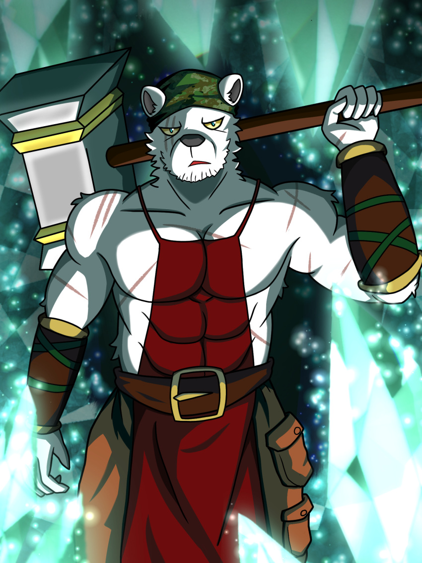 3:4 abs anthro athletic athletic_anthro bear detailed_background dragokaizer666 fur hammer hi_res male mammal muscular muscular_male pecs polar_bear scar solo tools ursine white_body white_fur