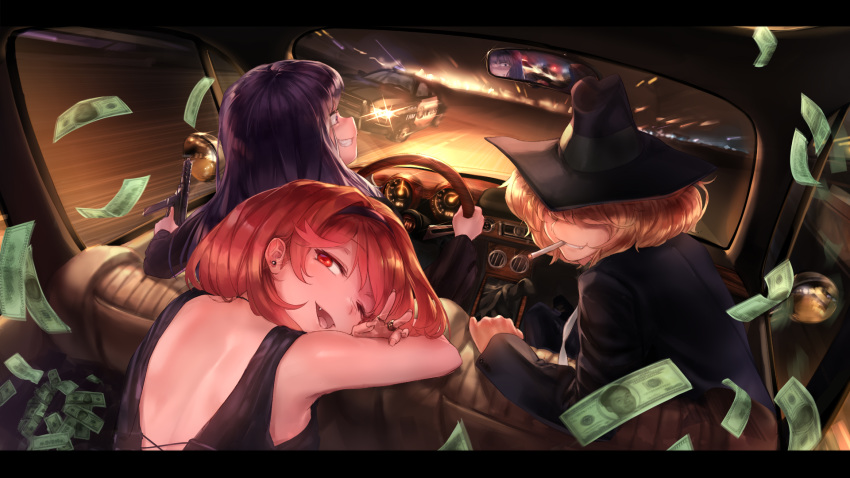 3girls alice_margatroid alternate_costume black_dress black_headwear black_jacket black_pants blazer blonde_hair breasts car car_interior cigarette clenched_teeth commentary cookie_(touhou) dress driving ear_piercing english_commentary grand_theft_auto grand_theft_auto_v gun hair_between_eyes hair_over_eyes hairband handgun hat highres hinase_(cookie) holding holding_gun holding_weapon jacket jewelry jigen_(cookie) long_hair looking_at_viewer looking_back manatsu_no_yo_no_inmu medium_breasts megafaiarou_(talonflame_810) mixed-language_commentary money money_rain motion_blur motor_vehicle multiple_girls oerba_yun_fang one_eye_closed open_mouth pants patchouli_knowledge piercing police_car purple_eyes purple_hair red_eyes ring short_hair sitting sleeveless sleeveless_dress smile smoking steering_wheel taisa_(cookie) tec-9 teeth tongue touhou upper_body weapon yajuu_senpai