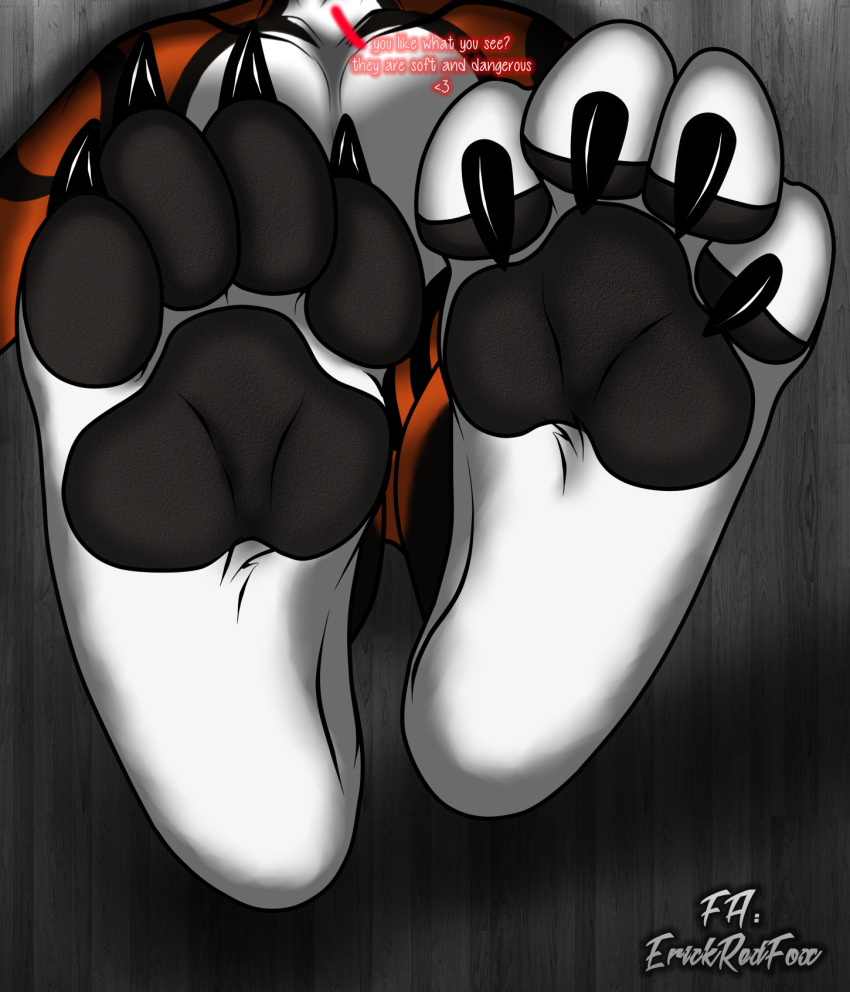 4_toes big_feet canid canine claws english_text erickredfox feet foot_focus foot_shot fox heart_symbol hi_res hindpaw mammal pawpads paws red_fox redrick_(erickredfox) soles text toe_claws toes true_fox