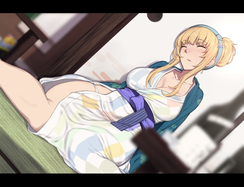 blonde_hair blush bottle breasts cleavage collarbone evelysse_(star_ocean) female highres indoors japanese_clothes kimono large_breasts letterboxed nagioka panties sitting skindentation sleeping solo star_ocean star_ocean_anamnesis tatami underwear wariza yukata