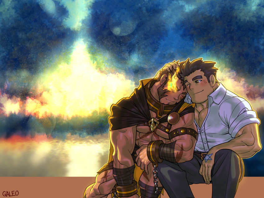 2boys abs backlighting bandages bara blush brown_cape brown_hair bulge cape chest_harness chibi couple cuffs elbow_rest facial_hair feet_out_of_frame flaming_eye forest galeoria goatee hand_on_another's_head handcuffs harness heads_together heracles_(housamo) loincloth long_sideburns male_focus multiple_boys muscular muscular_male nature outdoors partially_unbuttoned pectoral_cleavage pectorals protagonist_3_(housamo) revealing_clothes scar scar_on_chest short_hair sideburns sleeping sleeping_on_person sleeping_upright stomach tokyo_afterschool_summoners yaoi