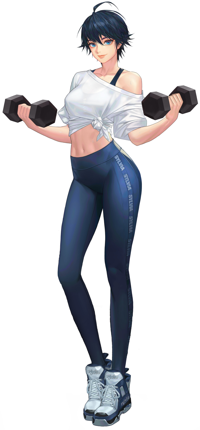 absurdres ass bare_shoulders black_survival blue_eyes blue_hair blue_pants bra bra_strap breasts cleavage crop_top dark_blue_hair eternal_return:_black_survival exercising extraction female full_body gym gym_equipment gym_pants gym_shirt gym_uniform hair_between_eyes highres large_breasts legs looking_at_viewer midriff navel official_alternate_costume official_art one_touch open_clothes pants see-through_clothes see-through_shirt shirt shoes short_hair silvia_piquet smile sneakers solo standing sweat tank_top thighs third-party_edit transparent_background underwear weightlifting weights white_shirt white_tank_top