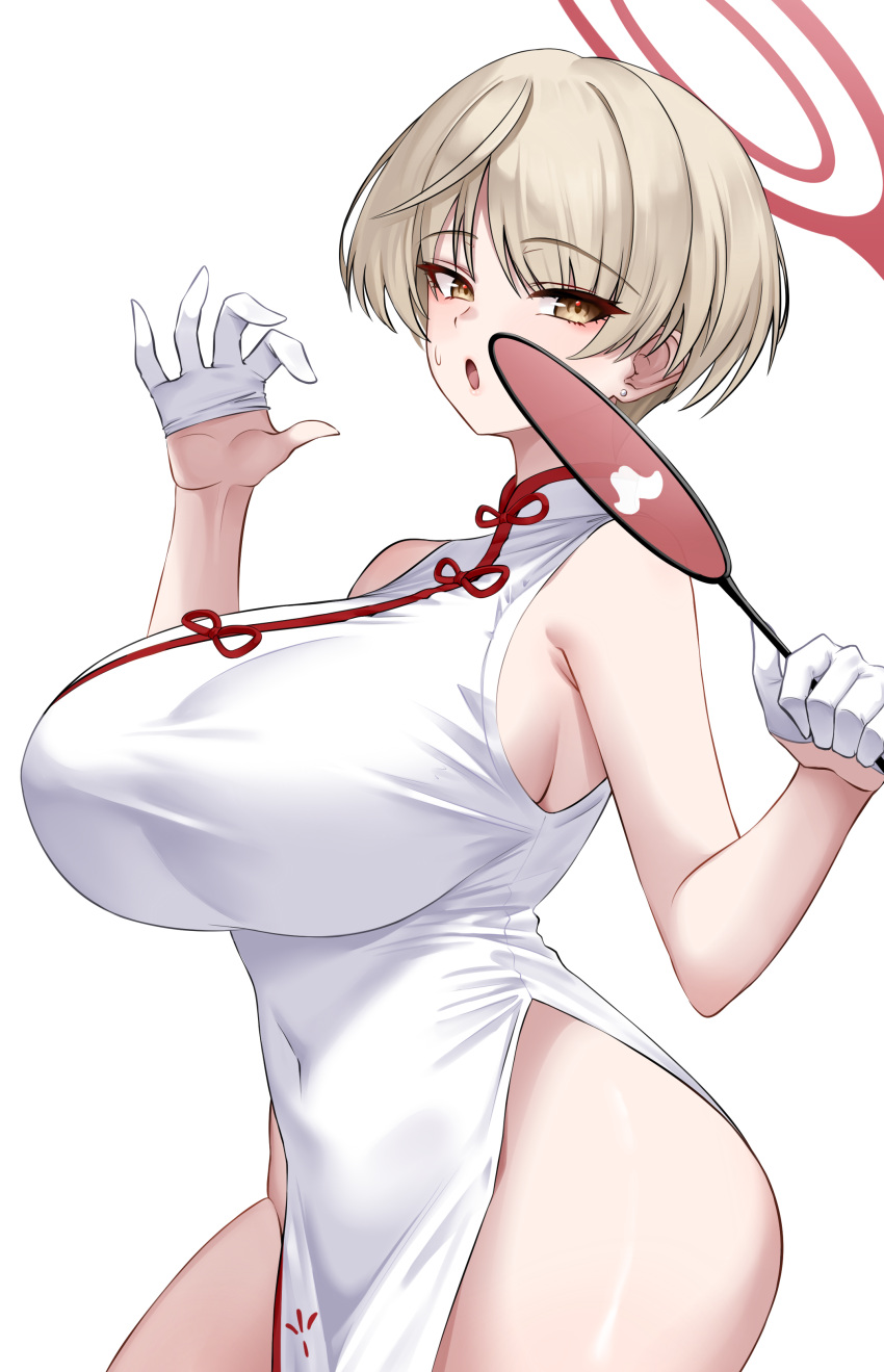 absurdres bare_shoulders blonde_hair blue_archive blush breasts brown_eyes china_dress chinese_clothes crimecrime dress eyeliner female flower gloves hair_flower hair_ornament half_gloves halo highres huge_breasts looking_at_viewer makeup marina_(blue_archive) marina_(qipao)_(blue_archive) open_mouth red_trim short_hair side_slit solo thighs white_dress white_gloves