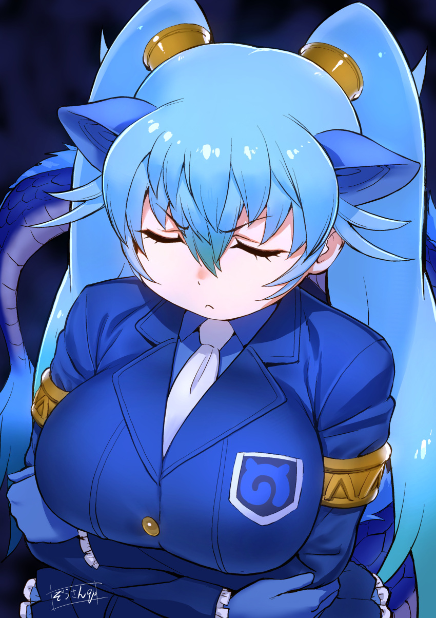 1:1 1girls animal_ears aqua_hair arms_under_breasts bangs blue_hair blue_suit blush breasts closed_eyes closed_mouth clothing crossed_arms dragon_girl dragon_tail extra_ears female female_only formal frown fully_clothed gloves gradient_hair hair_between_eyes high_resolution horns jacket japari_symbol japari_symbol_print kemono_friends kemono_friends_3 large_breasts large_filesize long_hair long_sleeves masuyama_ryou monster_girl multicolored_hair necktie neckwear seiryuu_(kemono_friends) shirt simple_background skirt solo suit tail third-party_edit tied_hair twintails upper_body very_high_resolution very_long_hair viewed_from_above white_necktie white_neckwear