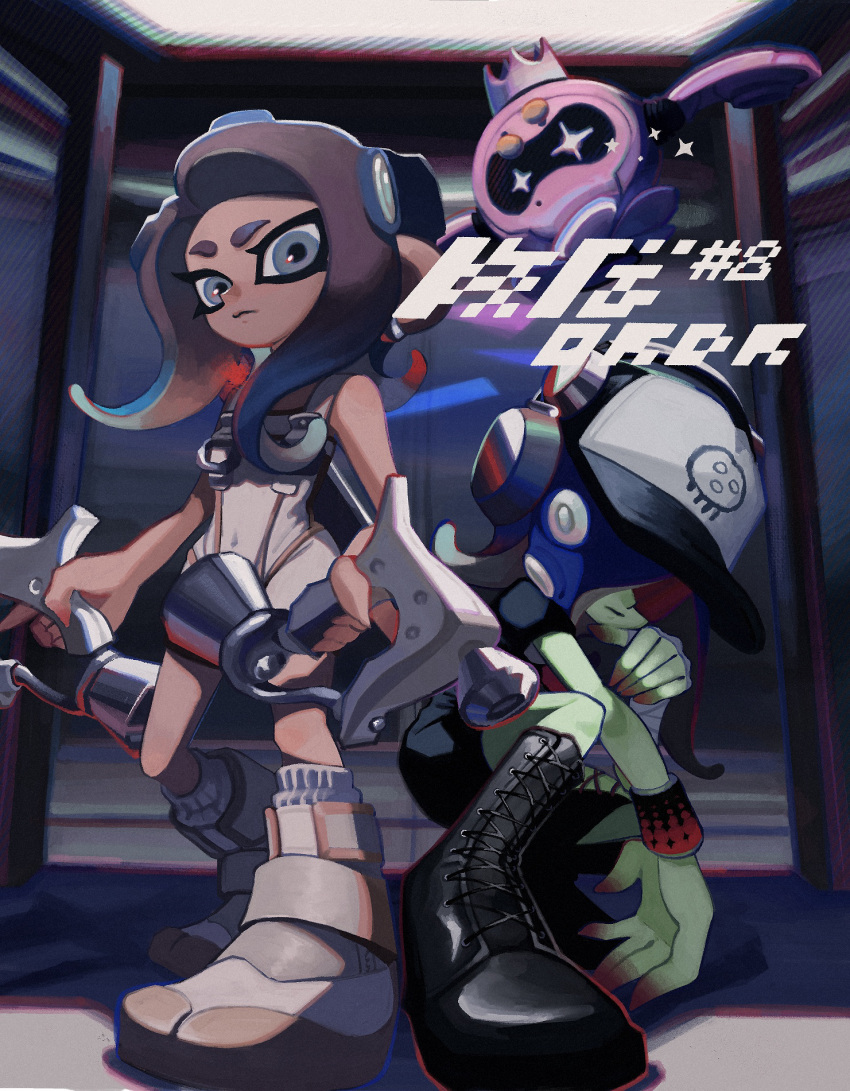 2girls agent_8_(splatoon) bandaged_arm bandages bare_shoulders baseball_cap black_dress black_footwear blue_hair bodysuit boots bracelet brown_hair closed_mouth covered_navel cross-laced_footwear dedf1sh dress drone dual_wielding elevator english_commentary full_body gradient_hair green_skirt grey_eyes hair_over_one_eye hat headphones headphones_over_headwear highres holding holding_weapon jewelry ka1_(k4k37) lace-up_boots medium_hair multicolored_hair multiple_girls non-humanoid_robot octoling octoling_girl octoling_player_character order_dualies_(splatoon) parted_bangs pearl_drone_(splatoon) red-tinted_eyewear red_hair robot sanitized_(splatoon) skirt sleeveless sleeveless_bodysuit socks splatoon_(series) splatoon_3 splatoon_3:_side_order suction_cups sunglasses tentacle_hair tinted_eyewear two-tone_hair weapon white_bodysuit white_footwear white_socks