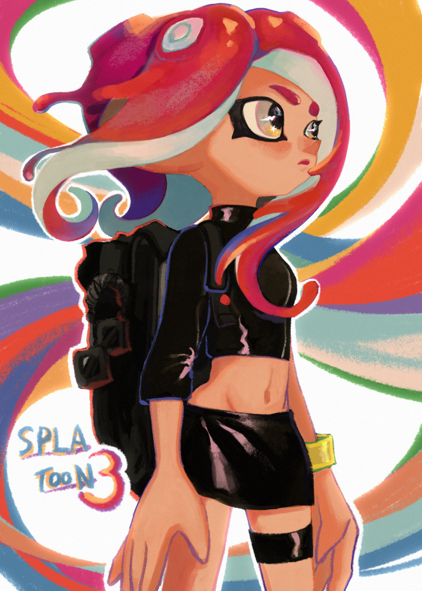 agent_8_(splatoon) arms_at_sides backpack bag black_bag black_shirt black_skirt breasts closed_mouth commentary_request copyright_name cowboy_shot female floating_hair grey_eyes groin highres ka1_(k4k37) long_hair looking_ahead midriff miniskirt multicolored_background navel octoling octoling_girl octoling_player_character parted_bangs pencil_skirt red_hair shirt single_sleeve skirt solo splatoon_(series) splatoon_2 splatoon_2:_octo_expansion suction_cups tentacle_hair thigh_strap two-tone_eyes wristband yellow_eyes yellow_wristband zipper