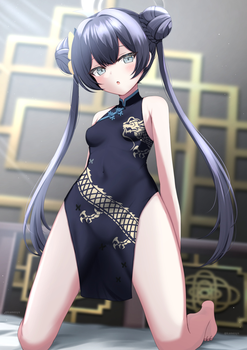 absurdres arms_behind_back bare_shoulders barefoot black_dress black_hair blue_archive blush breasts bun_with_braided_base butterfly_hair_ornament china_dress chinese_clothes commentary_request double_bun dragon_print dress female grey_eyes grey_halo hair_bun hair_ornament halo highres kamesys kisaki_(blue_archive) kneeling long_hair looking_at_viewer open_mouth pelvic_curtain print_dress sleeveless sleeveless_dress small_breasts solo spread_legs twintails